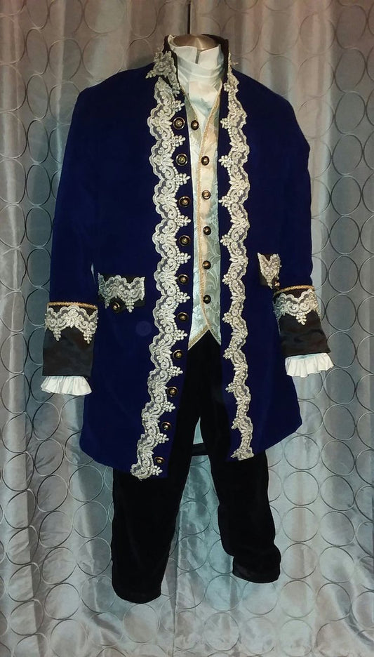 Men 3pc French Rococo Fashion 18th Century Suit Costume Hand Embroidery Free Lace Jabots & Cuff (HS-133) Bespoke Point