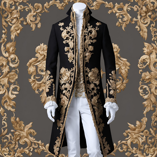 Men 3pc French Rococo Fashion 18th Century Suit Costume Hand Embroidery Free Lace Jabots & Cuff (HS-49) Bespoke Point