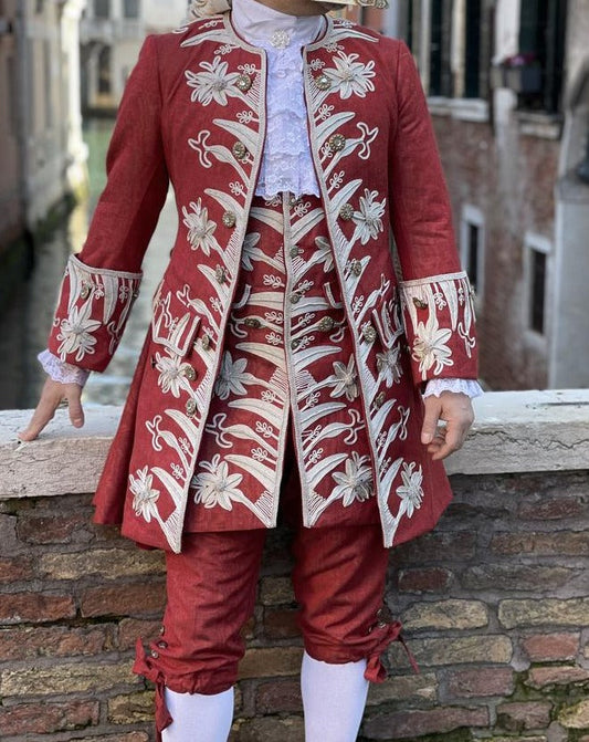 Men 3pc French Rococo Fashion 18th Century Suit Costume Hand Embroidery With Cape Free Lace Jabots & Cuff (HS-29) Bespoke Point