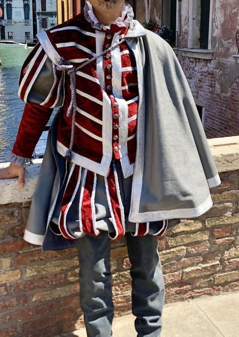 Men 3pc French Rococo Fashion 18th Century Suit Costume Hand Embroidery With Cape Free Lace Jabots & Cuff (HS-31) Bespoke Point