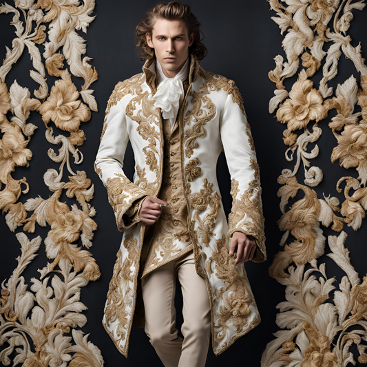 Men 3pc French Rococo Fashion 18th Century Suit Costume Hand Embroidery Free Lace Jabots & Cuff (HS-50) Bespoke Point