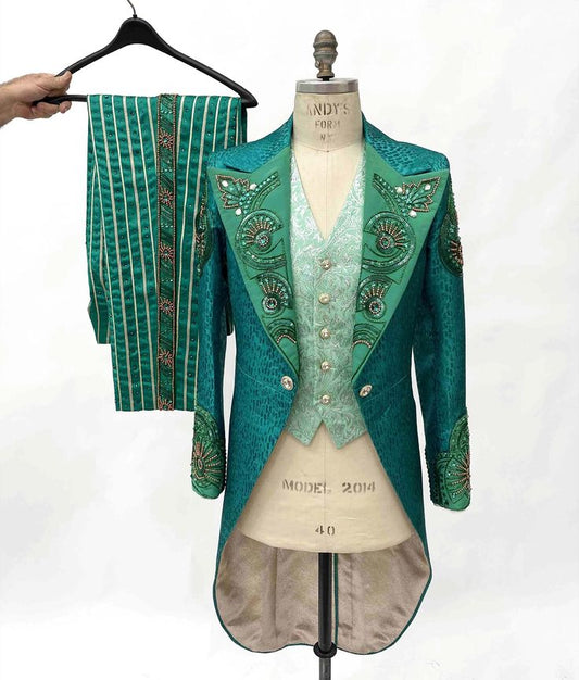 Men 3pc French Rococo Fashion 18th Century Suit Costume Hand Embroidery Free Lace Jabots & Cuff (HS-204) Bespoke Point