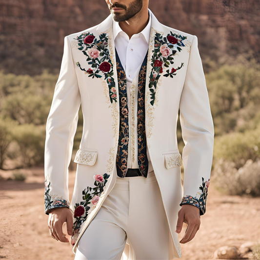 Men 3pc Ivory Embroidery Suit (NS-63)