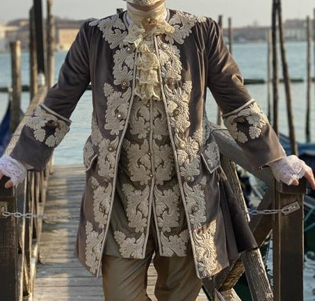 Men 3pc French Rococo Fashion 18th Century Suit Costume Hand Embroidery Free Lace Jabots & Cuff (HS-32) Bespoke Point
