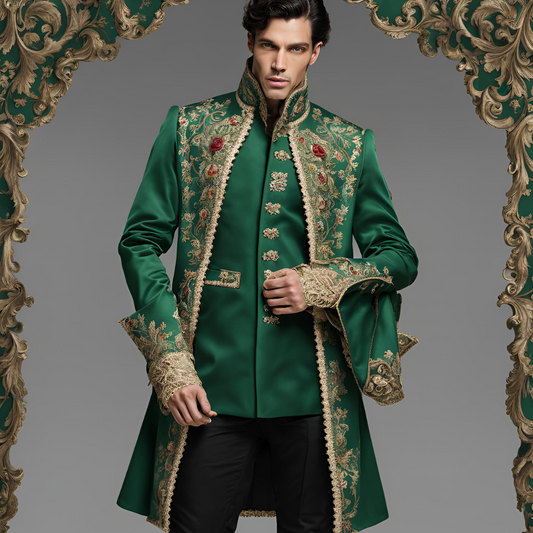 Men 3pc French Rococo Fashion 18th Century Suit Costume Hand Embroidery Free Lace Jabots & Cuff (HS-51) Bespoke Point
