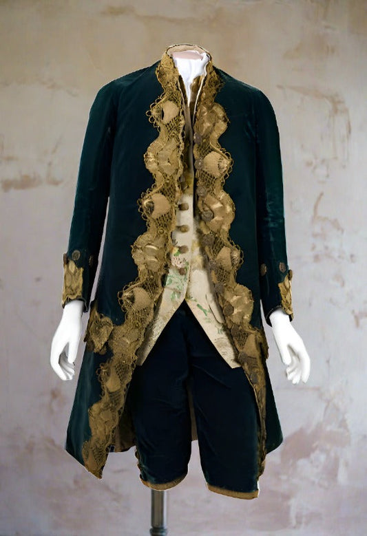 Men 3pc French Rococo Fashion 18th Century Suit Costume Hand Embroidery Free Lace Jabots & Cuff (HS-46) Bespoke Point