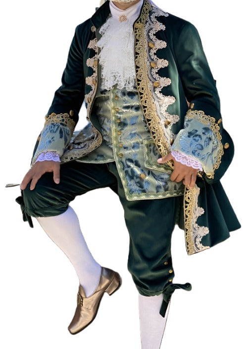 Men 3pc French Rococo Fashion 18th Century Suit Costume Hand Embroidery Free Lace Jabots & Cuff (HS-45) Bespoke Point