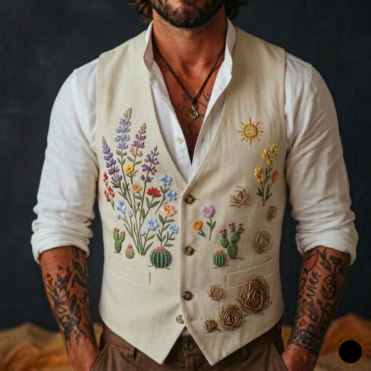 Men's Embroidered Linen Vest Boho Wedding (V-10) Bespoke Point