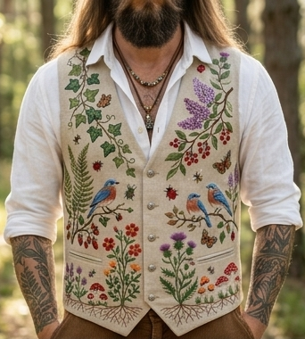 Men's Embroidered Linen Vest Boho Wedding (V-17) Bespoke Point