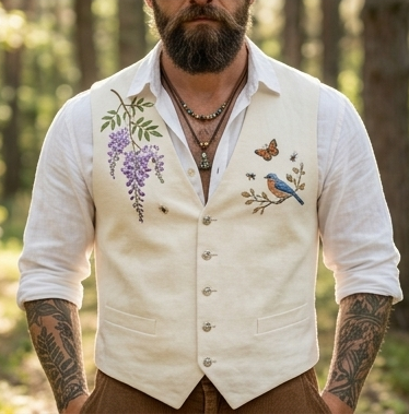 Men's Embroidered Linen Vest Boho Wedding (V-18) Bespoke Point