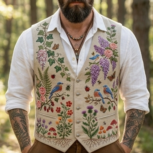 Men's Embroidered Linen Vest Boho Wedding (V-25) Bespoke Point