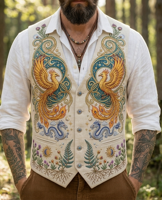 Men's Embroidered Linen Vest Boho Wedding (V-24) Bespoke Point