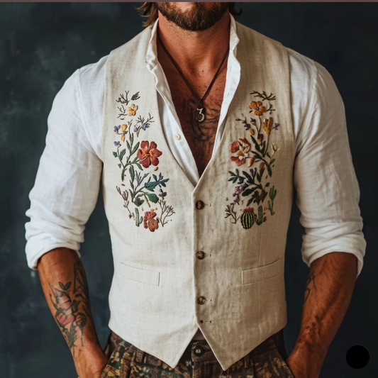 Men's Embroidered Linen Vest Boho Wedding (V-08) Bespoke Point