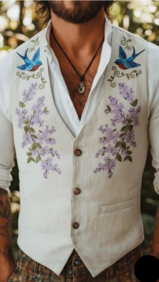 Men's Embroidered Linen Vest Boho Wedding (V-31) Bespoke Point