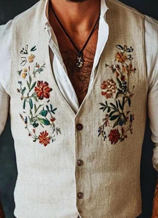 Men's Embroidered Linen Vest Boho Wedding (V-32) Bespoke Point