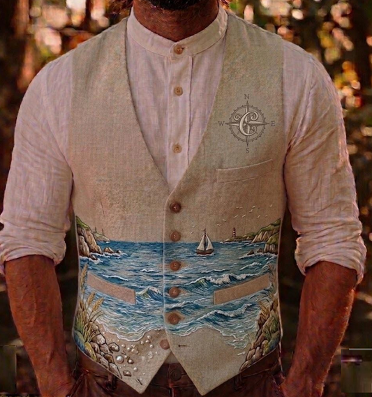 Men's Embroidered Linen Vest Boho Wedding (V-30) Bespoke Point