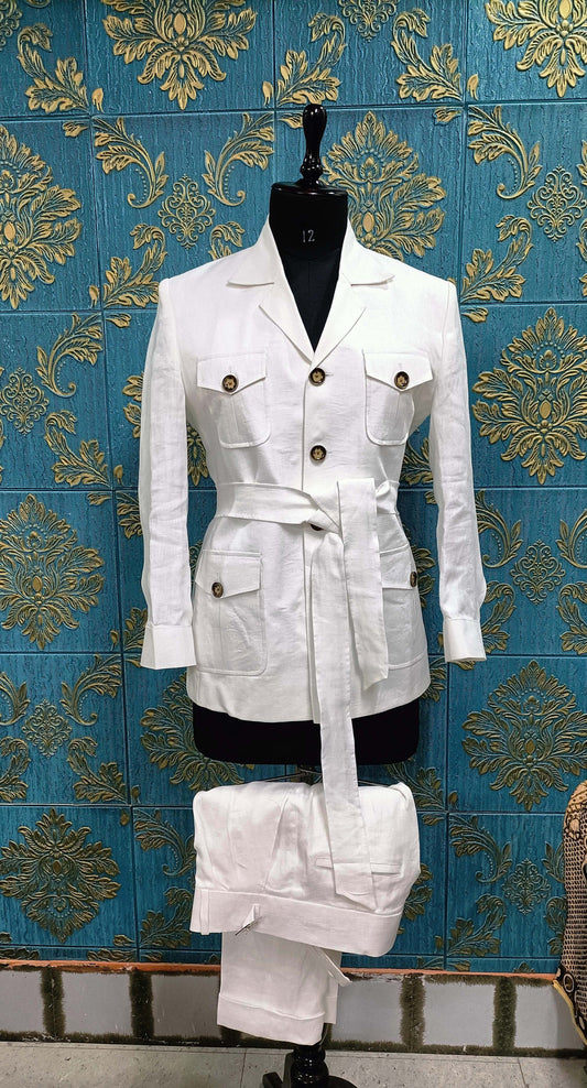 Men White 2pc Linen Safari Suit (BC-07)