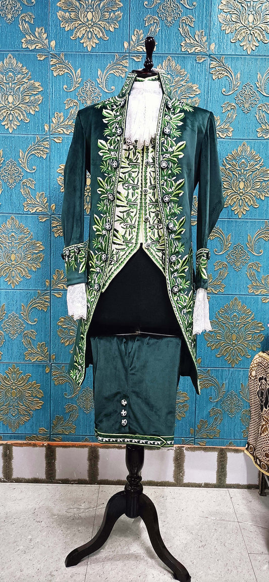 Men 3pc Green Velvet French Costume Free Lace Jabots And Cuff (HS-02) Bespoke Point
