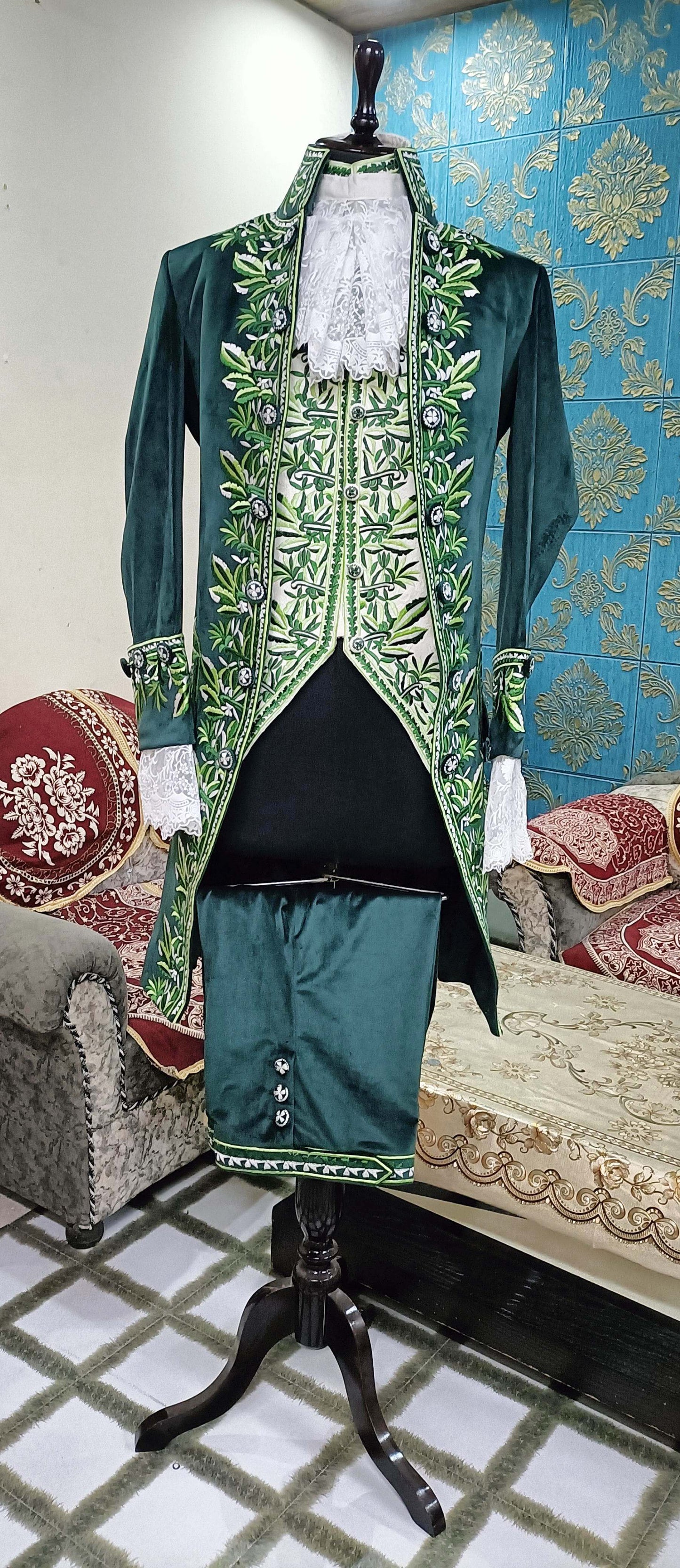 Men 3pc Green Velvet French Costume Free Lace Jabots And Cuff (HS-02) Bespoke Point