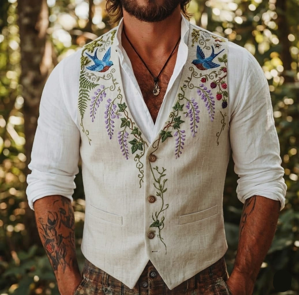 Men's Embroidered Linen Vest Boho Wedding (V-21) Bespoke Point