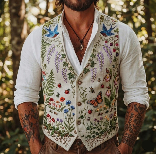 Men's Embroidered Linen Vest Boho Wedding (V-22) Bespoke Point