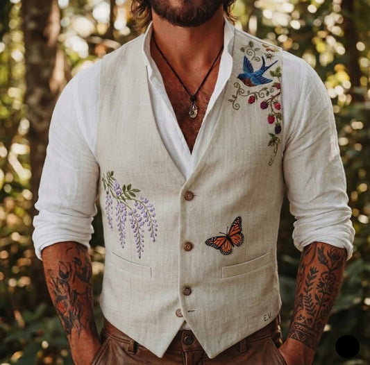 Men's Embroidered Linen Vest Boho Wedding (V-23) Bespoke Point