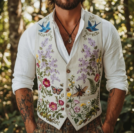 Men's Embroidered Linen Vest Boho Wedding (V-19) Bespoke Point