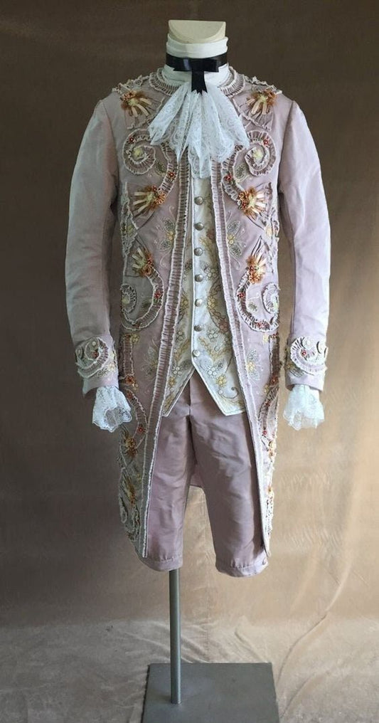 Men 3pc Pink Cotton French Rococo Fashion 18th Century Suit Costume Free Lace Jabots & Cuff (HS-21) Bespoke Point