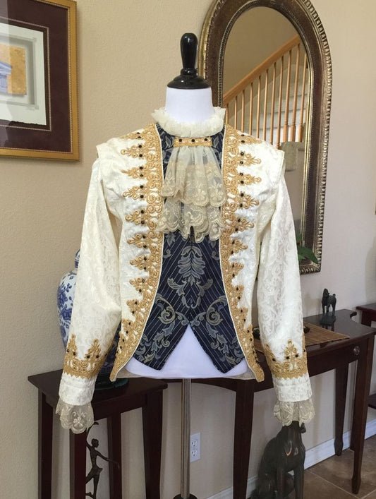 Men 3pc French Rococo Fashion 18th Century Suit Costume Hand Embroidery Free Lace Jabots & Cuff (HS-148) Bespoke Point