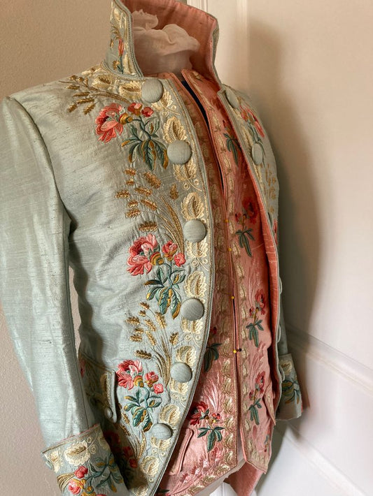 Men 3pc French Rococo Fashion 18th Century Suit Costume Hand Embroidery Free Lace Jabots & Cuff (HS-225) Bespoke Point