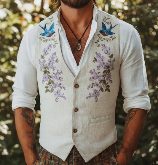 Men's Embroidered Linen Vest: Blue Swallow & Lilac - Boho Wedding (V-01) Bespoke Point