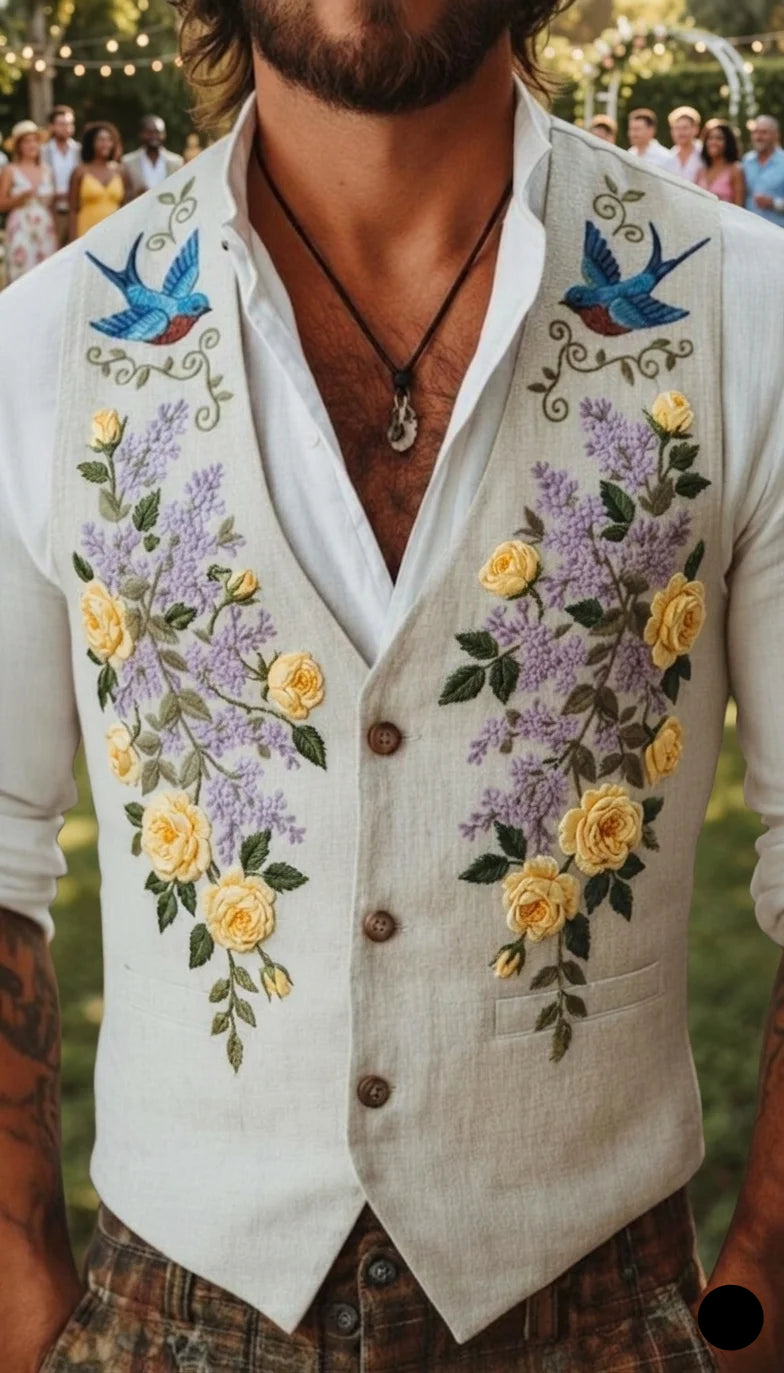 Men's Embroidered Linen Vest Boho Wedding (V-28) Bespoke Point