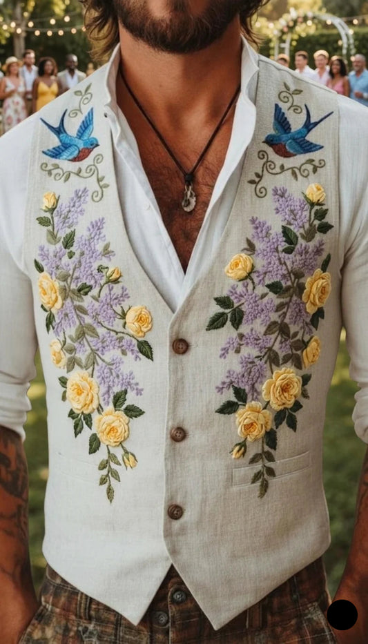 Men's Embroidered Linen Vest Boho Wedding (V-29) Bespoke Point