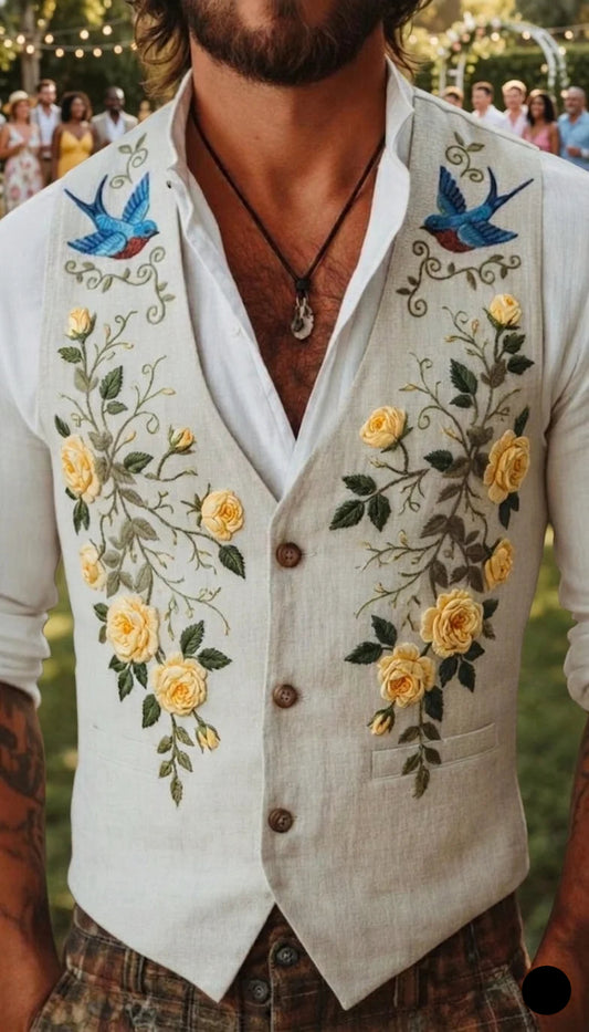 Men's Embroidered Linen Vest Boho Wedding (V-27) Bespoke Point