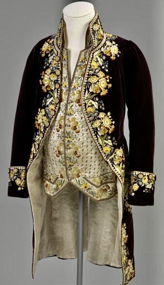 Men 3pc French Rococo Fashion 18th Century Suit Costume Hand Embroidery Free Lace Jabots & Cuff (HS-75) Bespoke Point
