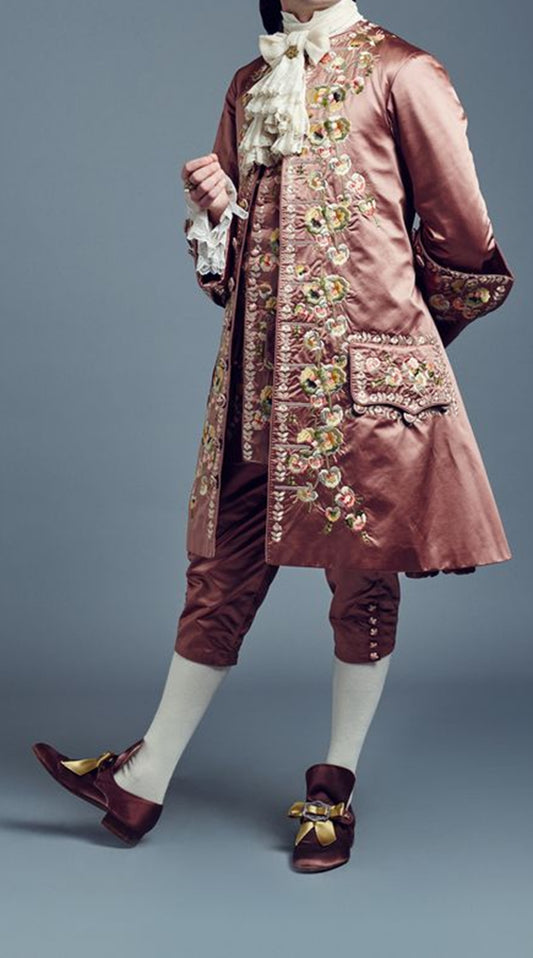 Men 3pc French Rococo Fashion 18th Century Suit Costume Hand Embroidery Free Lace Jabots & Cuff (HS-72) Bespoke Point