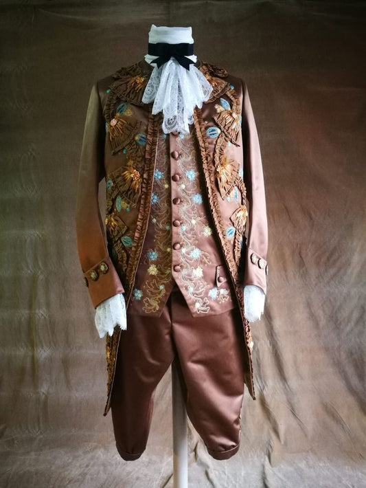Men 3pc French Rococo Fashion 18th Century Suit Costume Hand Embroidery Free Lace Jabots & Cuff (HS-96) Bespoke Point