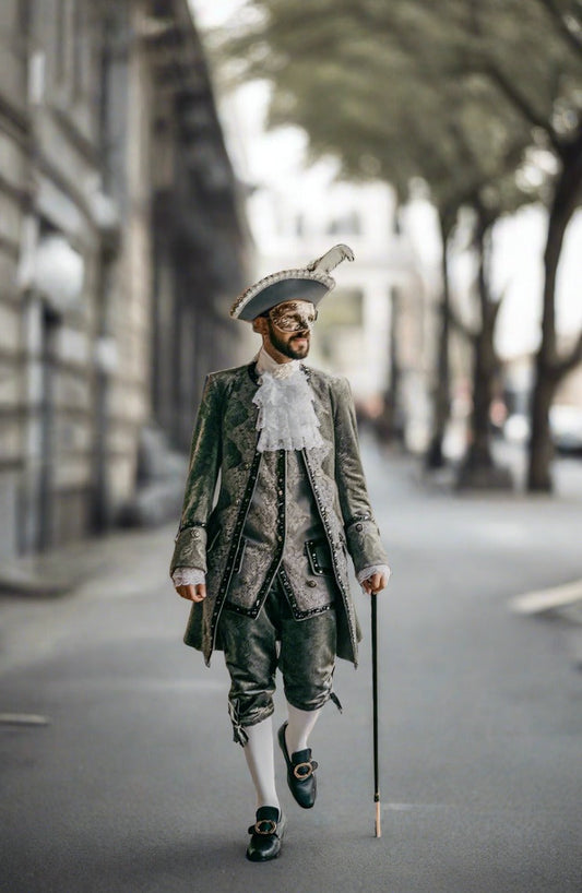 Men 3pc French Rococo Fashion 18th Century Suit Costume Hand Embroidery Free Lace Jabots & Cuff (HS-44) Bespoke Point