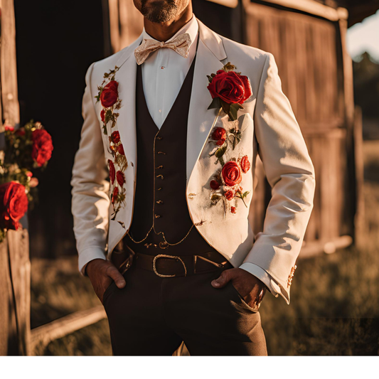 Men 2pc Ivory  Brown Embroidery Suit (NS-538)