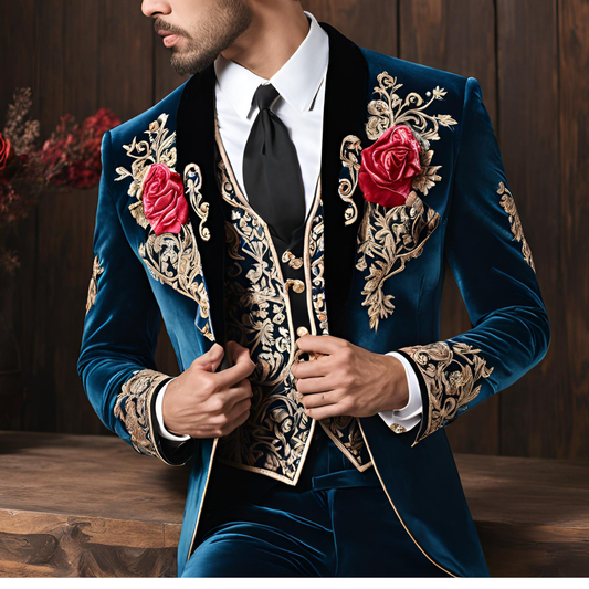 Men 3pc Blue Embroidery Suit (NS-542)