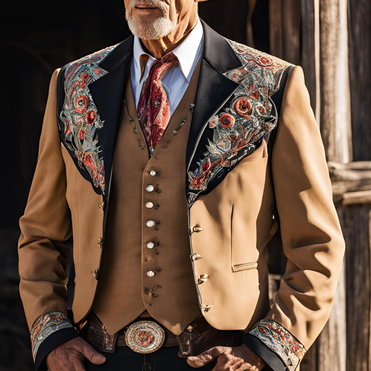 Men 3pc Brown Black Embroidery Suit (NS-527)