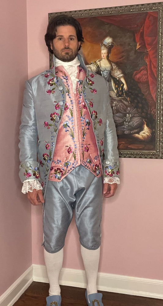 Men 3pc French Rococo Fashion 18th Century Suit Costume Hand Embroidery Free Lace Jabots & Cuff (HS-105) Bespoke Point