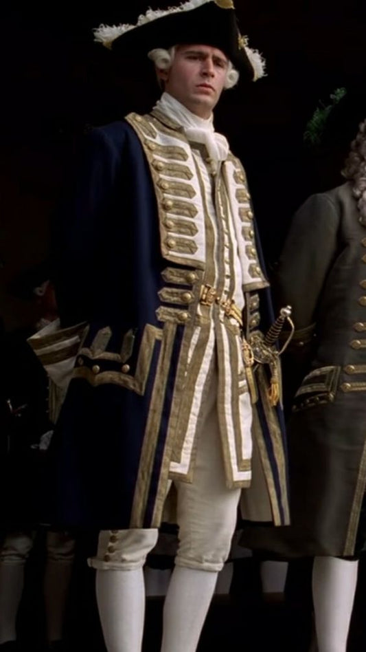 Men 3pc Blue Cotton French Rococo Fashion 18th Century Suit Costume Free Lace Jabots & Cuff (HS-24)