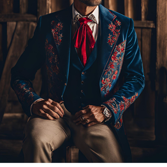 Men 3pc Blue Velvet Embroidery Suit (NS-51)