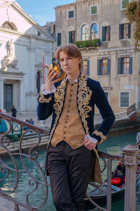 Men 3pc French Rococo Fashion 18th Century Suit Costume Hand Embroidery Free Lace Jabots & Cuff (HS-122) Bespoke Point