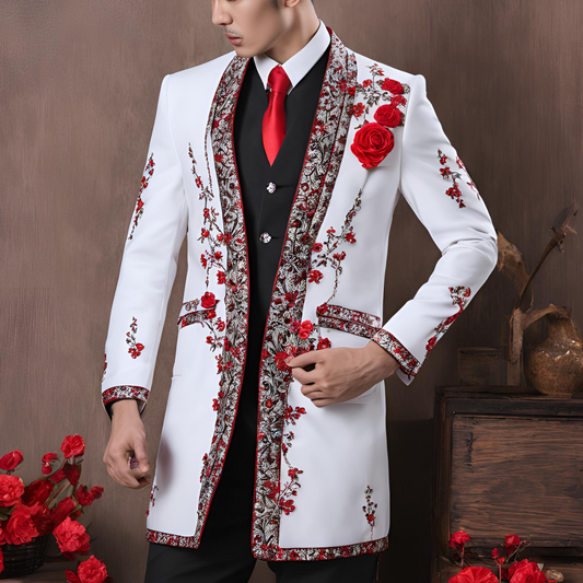 Men 2pc White Long Embroidery Coat (NS-24)