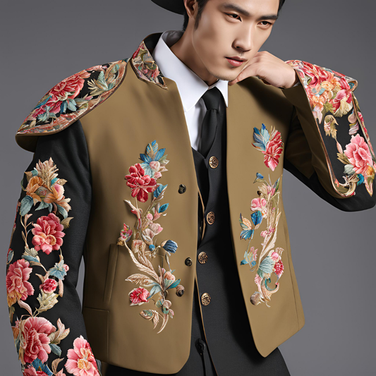 Men 3pc Black Brown Embroidery Suit (NS-61)