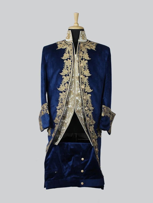Men 3pc French Rococo Fashion 18th Century Suit Costume Hand Embroidery Free Lace Jabots & Cuff (HS-76)) Bespoke Point