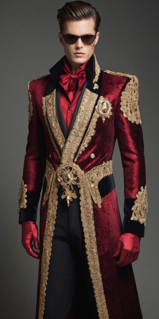 Men 3pc French Rococo Fashion 18th Century Suit Costume Hand Embroidery Free Lace Jabots & Cuff (HS-113) Bespoke Point