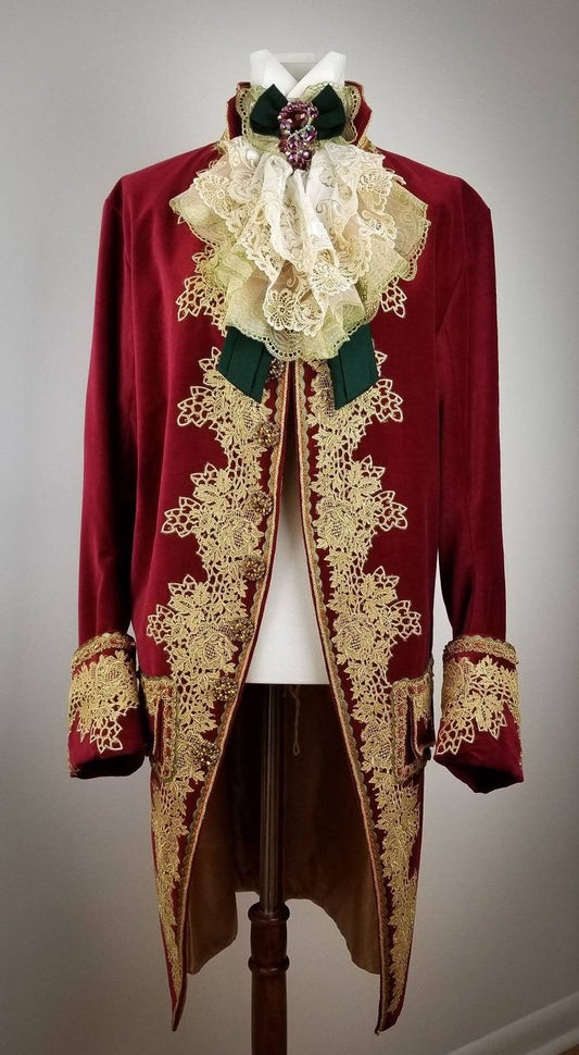 Men 3pc French Rococo Fashion 18th Century Suit Costume Hand Embroidery Free Lace Jabots & Cuff (HS-80) Bespoke Point